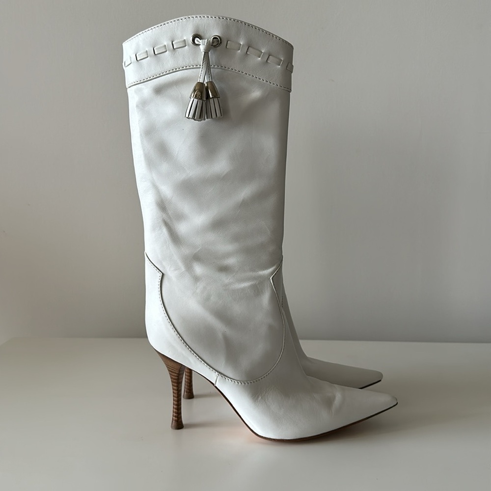 Sergio Rossi White Leather Cowboy Style Heeled Boots US 5.5/ EU 35.5